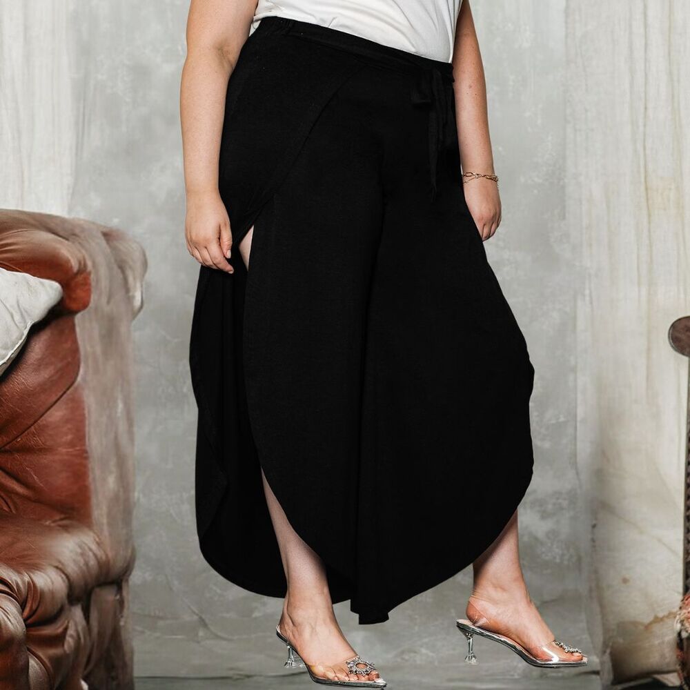 Women Pants 1x Black Boho Flowy Tulip Hem Wide Leg Draped Palazzo Trousers